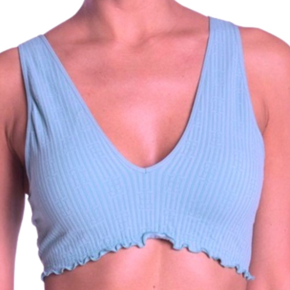 Tommy Hilfiger Light Chambray Blue Lettuce Edge Knit Logo Bralette NEW Small